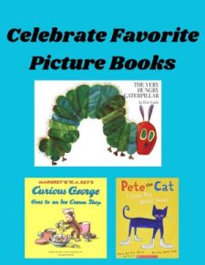 Book covers of Pete the Cat, Curious George, and the Very Hungry Caterpillar