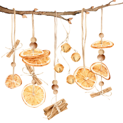oranges, bells, and cinnamon hanging from a branch