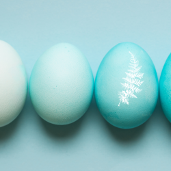 blue painted eggs with a fern leaf design