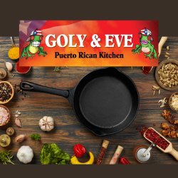 cast iron skillet surrounded with cooking ingredients and a logo for a Purto Rican kitchen