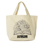 canvas tote with library logo and an open book with a design coming out