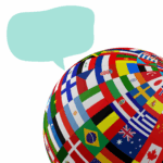 globe covered in flags with a conversation bubble