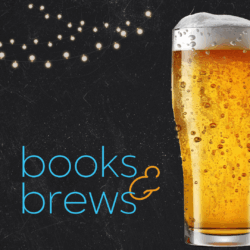 beer mug on a black backround with string lights and the words "books and brews"