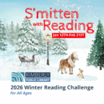 horse and rabbit wearing mittens with the text: smitten with reading