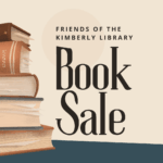 stack of books with the text "friends of the kimberly public library book sale"