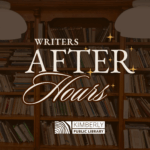library shelves with the text "writers after hours"
