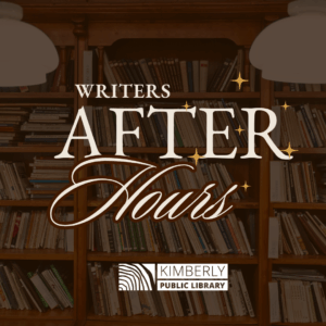library shelves with the text "writers after hours"