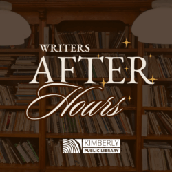 library shelves with the text "writers after hours"