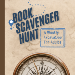 The text: book scavenger hunt: a weekly excavation for adults" over a compass