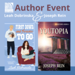 author event with two book covers (first down and forever to go and youtopia)