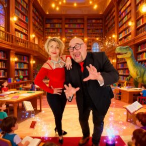 man and woman in library with dinosaur